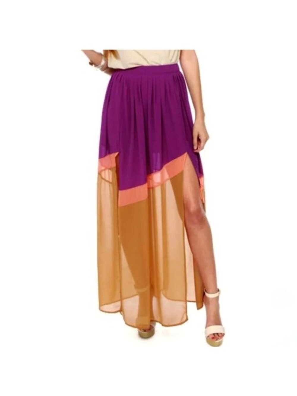 Lush Purple Mountains Majesty Color Block Slit Maxi Skirt Women's Size Medium